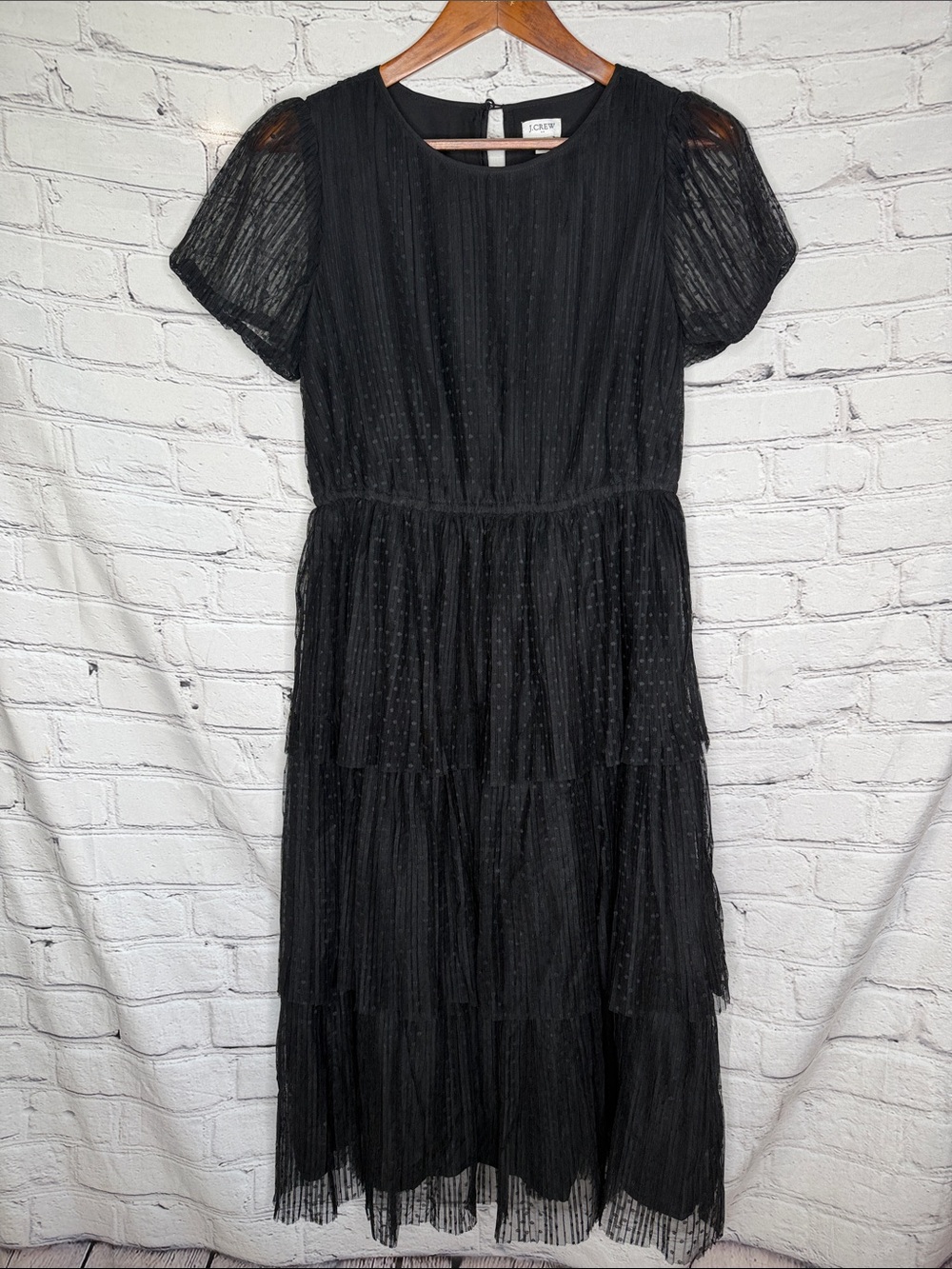 J. Crew Black Sheer Dot Tiered Midi Dress with Puff Sleeves Size 8